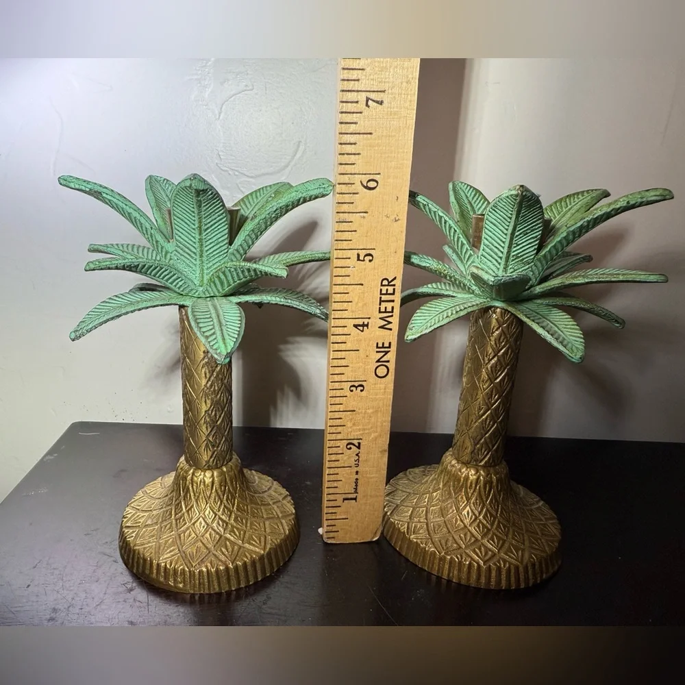 2 Vintage Brass‎ Palm Tree Taper Candle Stick Holders  Tropical Decor 6” H Green